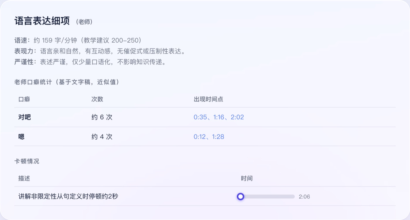 课堂跟踪 · 语言表达细项:口癖统计与卡顿定位